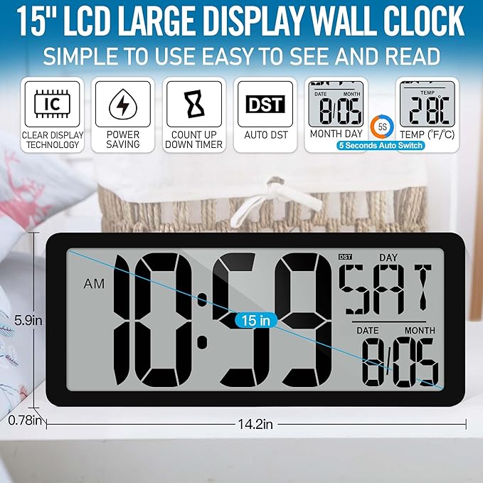 TXL 14.2"" Large Digital Wall Clock Battery Operated, Digital Clock Large - Image 2