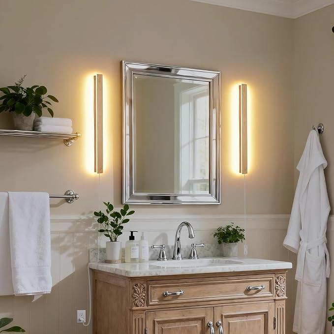 Modern Plug in Wall Sconces, 23.6 inch Faux Wood Texture Finish LED Long Wall - Image 2