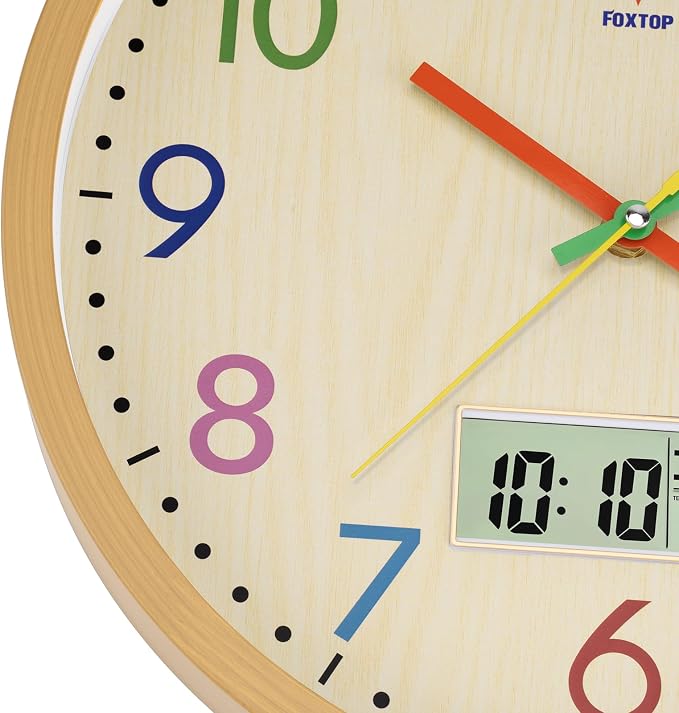 Foxtop Digital and Analog Kids Wall Clock 12 Inch Silent Non-Ticking Battery - Image 6