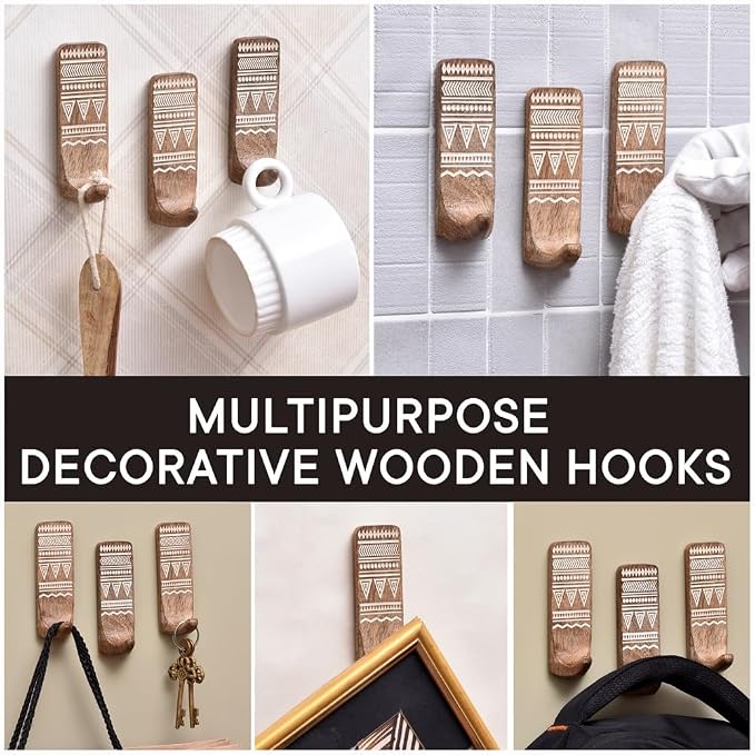 IndianShelf 10 LB- 3 Pieces Decorative Wood Adhesive Wall Hooks–Boho Peel and - Image 6