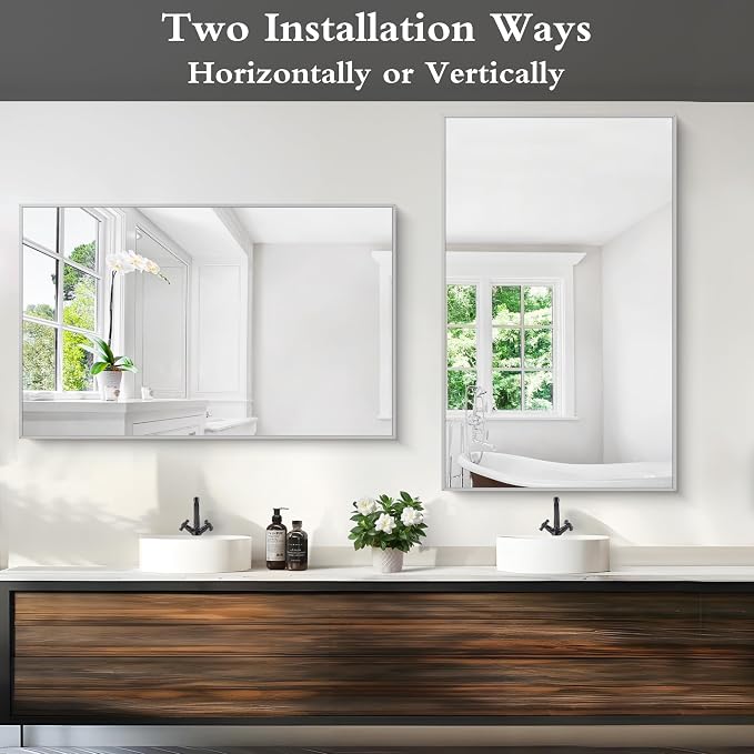 KOCUUY Silver Bathroom Mirror, HD Tempered Glass, Anti-Rust Brushed Silver Frame - Image 5