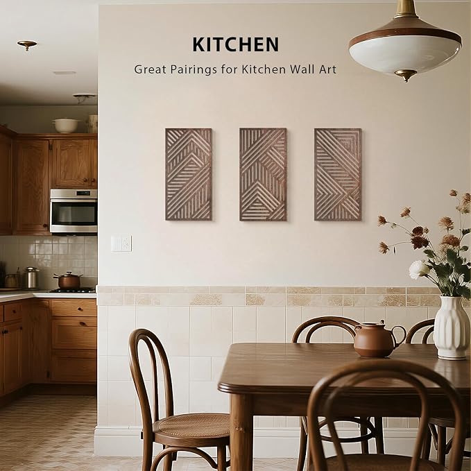 VIYYIEA Boho Solid Wood Carved Wall Art Set of 3, Geometric Minimalist Wooden - Image 8