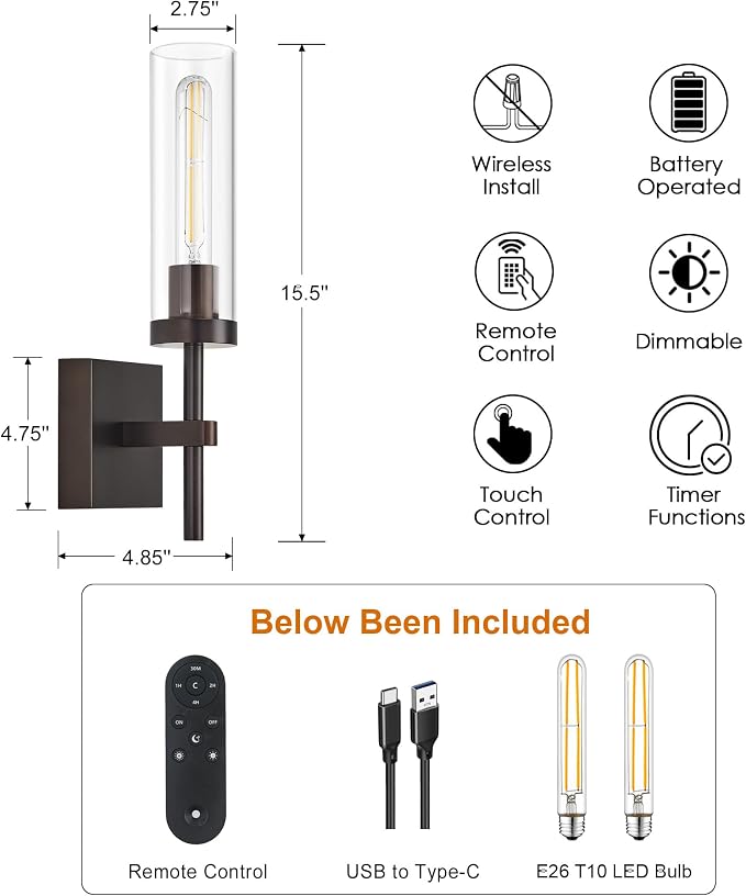 SANTOSTOCK Oil Rubbed Bronze Battery Operated Wall Sconces - Image 6