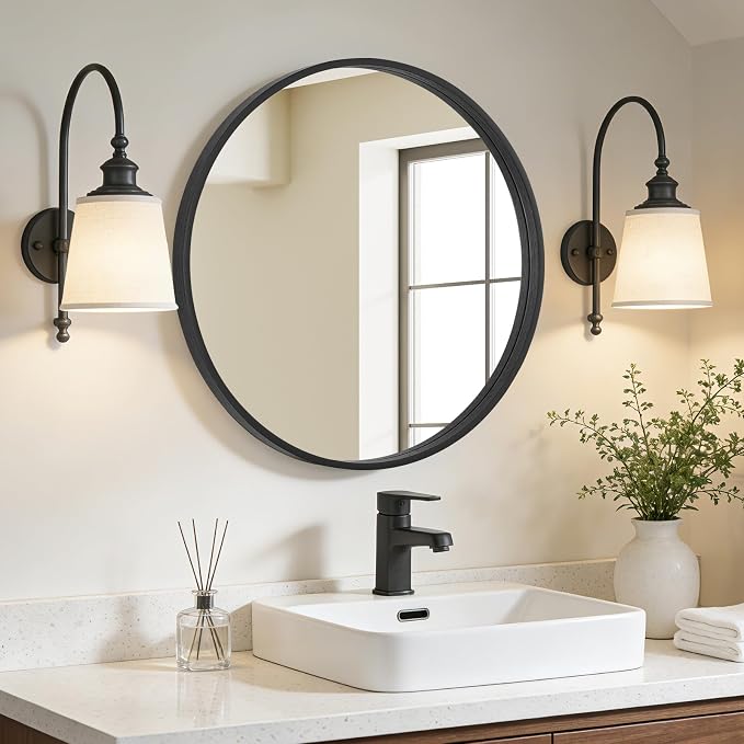 WallBeyond Black Round Wood Mirror 24 inch Circle Wall Mirror - Image 2