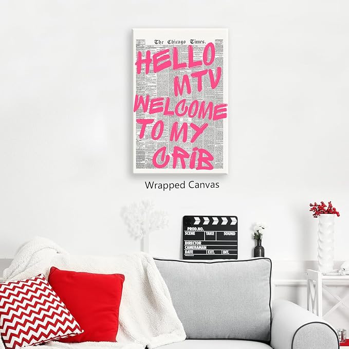 Pink Hello MTV Welcome To My Crib Quote Poster, Vintage Black White Newspaper - Image 4