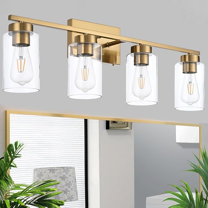 4 Light Bathroom Vanity Light Fixtures, Brushed Brass Modern Wall Lights by A1A9