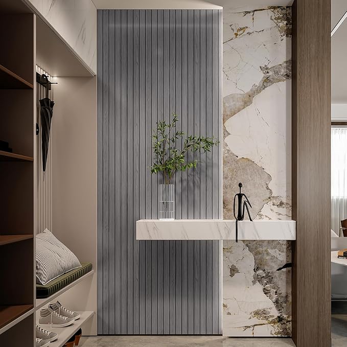 YLL YLL PVC Slat Wall Panel Peel and Stick 236"x 15.7" Faux Grey Wood Grain - Image 2