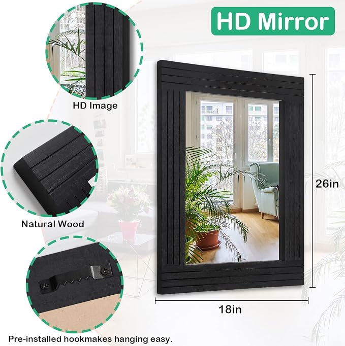 Black Rectangular Vintage Rustic Wood Framed Large Mirror - Image 7