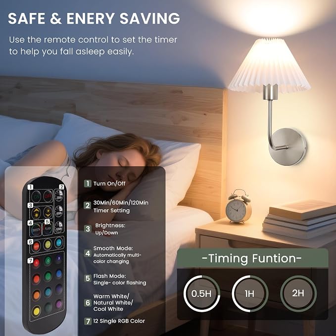 Wireless Wall Sconce Sets of 2, Pleated Shades Rechargeable Battery Operated - Image 6