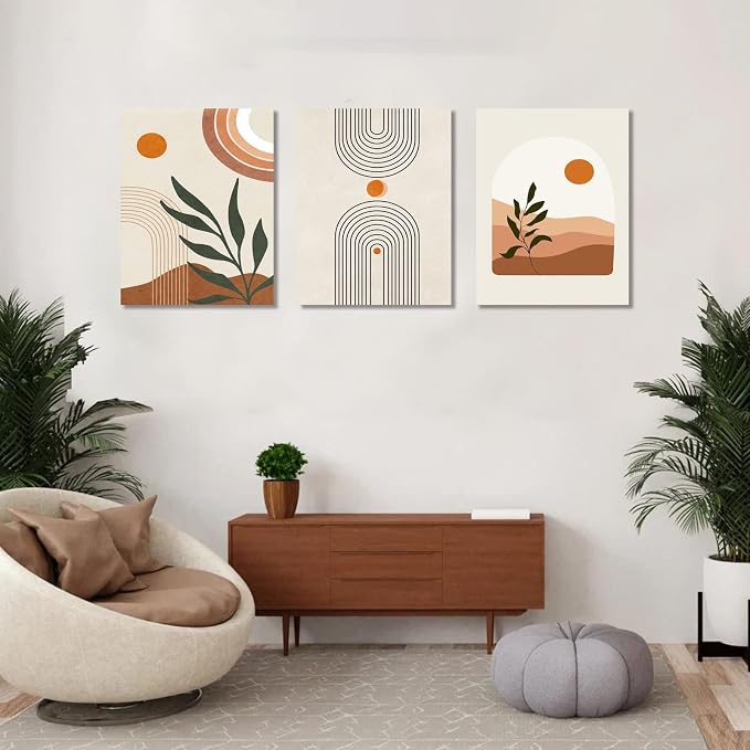 Boho Wall Art Set of 3, MidCentury Modern Wall Prints Framed Canvas Paintings - Image 9