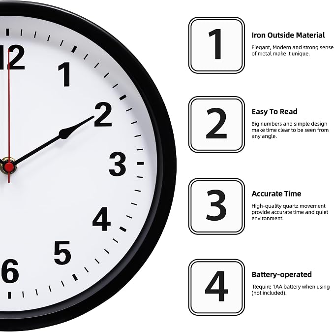 LEIKE Metal Wall Clock 10IN Black, Retro Silent Quartz Battery Operated - Image 2