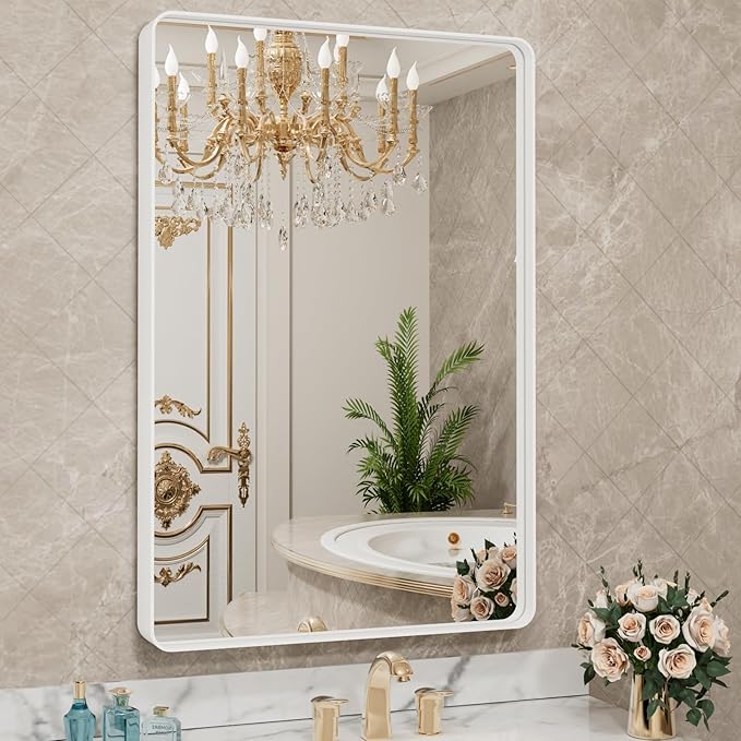 LOAAO 24x36 Inch White Metal Framed Bathroom Mirror by LOAAO