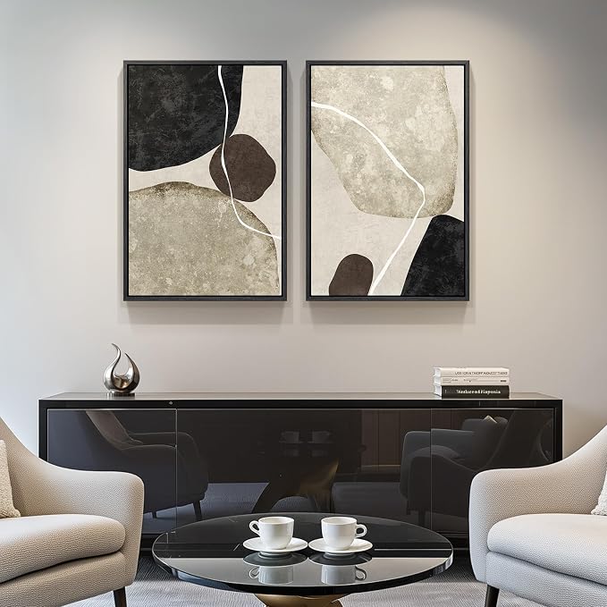 Framed Neutral Abstract Wall Art Set of 2, Modern Black Beige Brown Canvas - Image 4