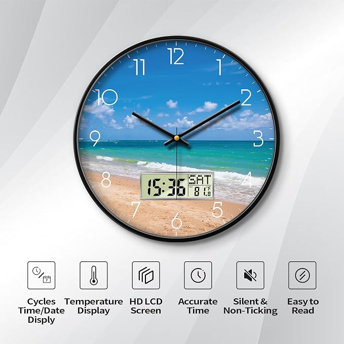 14" Silent Non-Ticking Modern Coastal Beach Wall Clock, Battery Operated Analog - Image 2