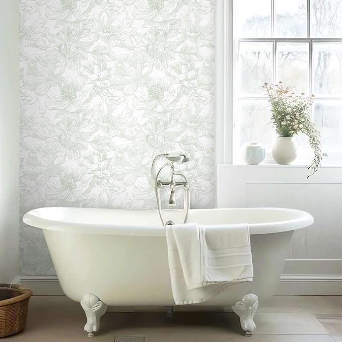 Ismoon Large Floral Peel and Stick Wallpaper Boho White and Green Contact Paper - Image 3