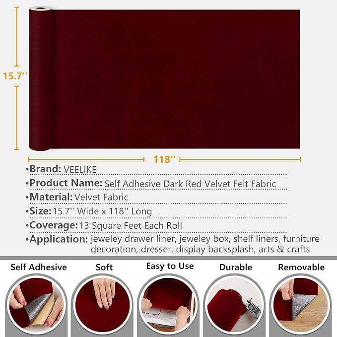 VEELIKE Dark Red Velvet Fabric Wallpaper Self Adhesive Soft Felt Drawer Liners - Image 6