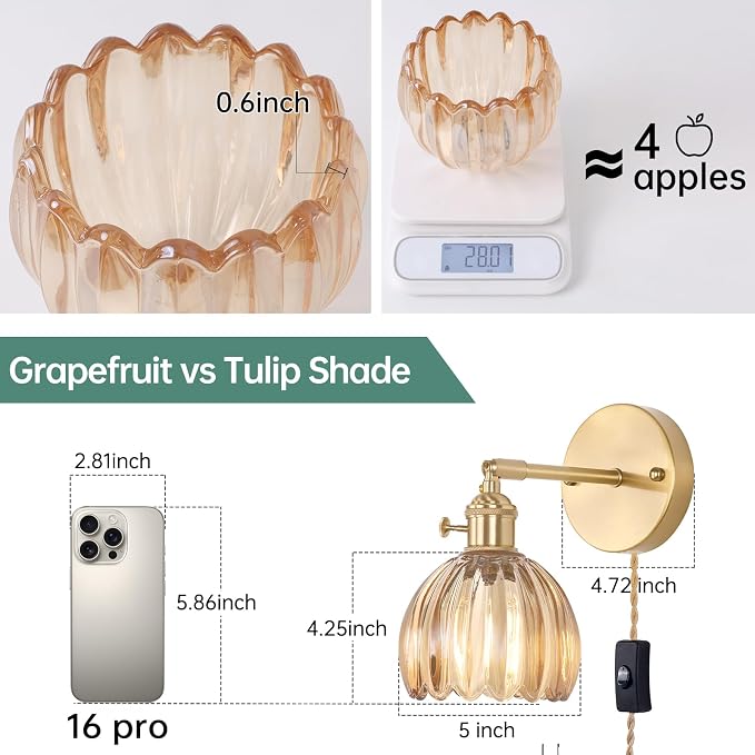 Shenmoyl Plug in Wall Sconce, Amber Tulip Glass Lampshade Wall Light Plugin - Image 3