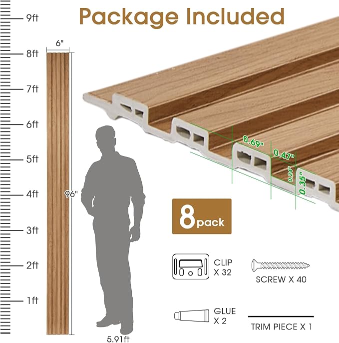 WPC Slat Wall Panels 8 Pack 96" x 6", Waterproof Fluted Wall Paneling, Accent - Image 5