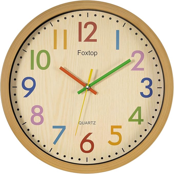 Foxtop Silent Kids Wall Clock 12 Inch Non-Ticking Battery Operated Colorful by Foxtop