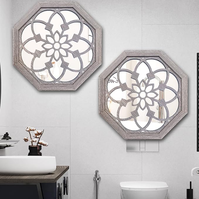 ZOLAPI 2 PCS 20 inch Octagon Wall-Mounted Mirrors, Vintage Farmhouse Mirror - Image 6