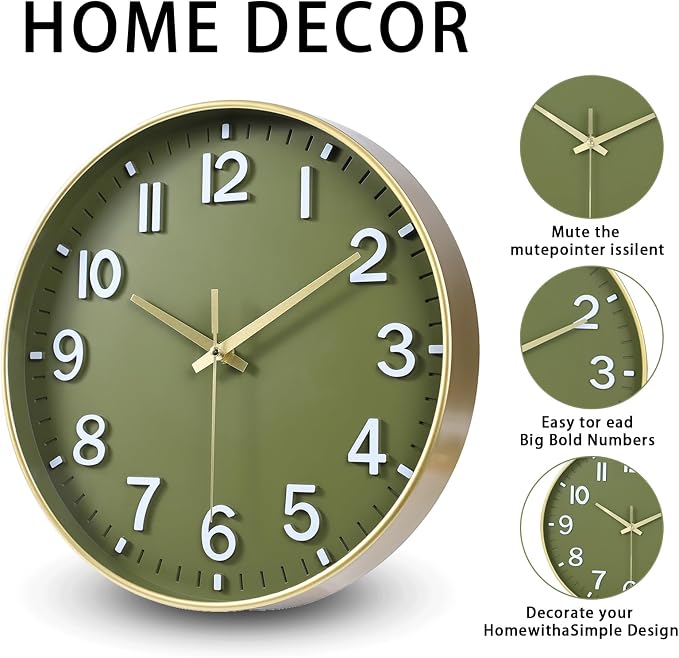 HZDHCLH Wall Clocks Battery Operated, Wall Clock Green Gold, 10 inch Wall Clock - Image 2