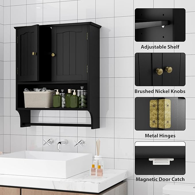 Black Bathroom Cabinet with Towel Rack, Bathroom Wall Cabinet with 2 Doors and - Image 5