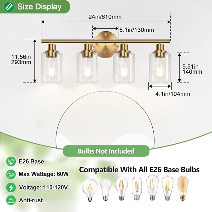 4-Light Bathroom Light Fixtures, Brushed Gold Modern Vanity Lights Over Mirror - Image 8