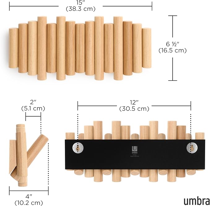 Umbra Picket Coat Rack Wall Mount – 5 Flip-Down Wood Coat Hooks, Modern & - Image 3
