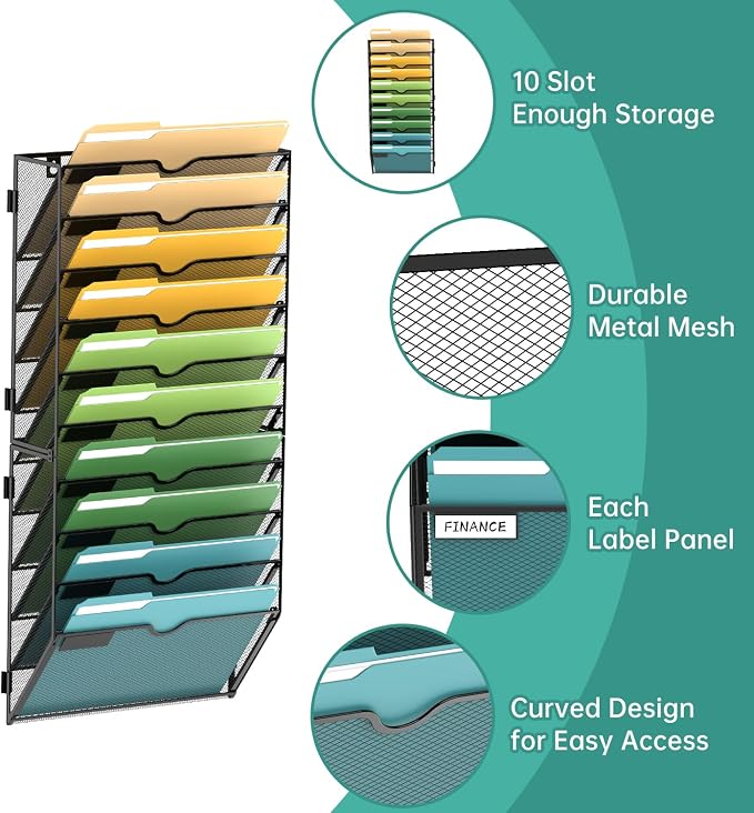 SUPEASY 10 Tier Wall File Organizer, Hanging Wall Mounted Mail Organizer - Image 3