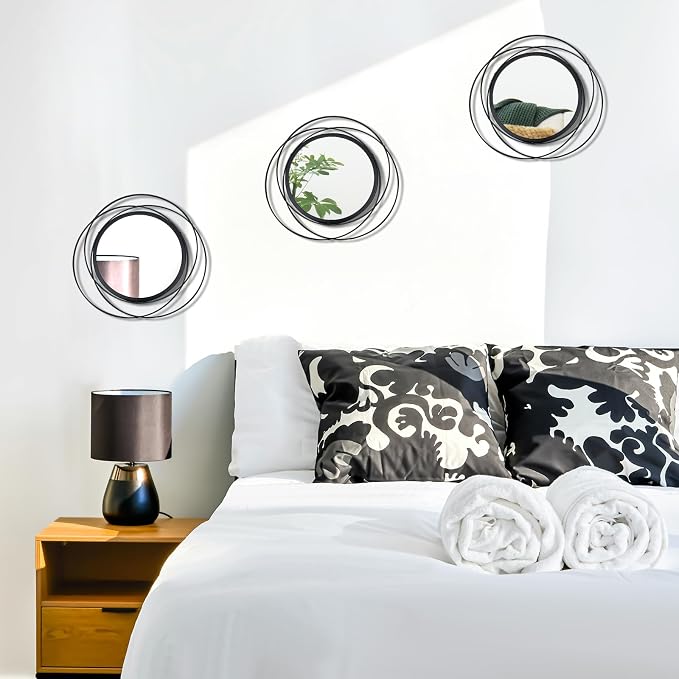 3 Set 9.5 Inch Black Circle Mirrors Wall Decor Iron Frame Wire Mirror Metal - Image 3