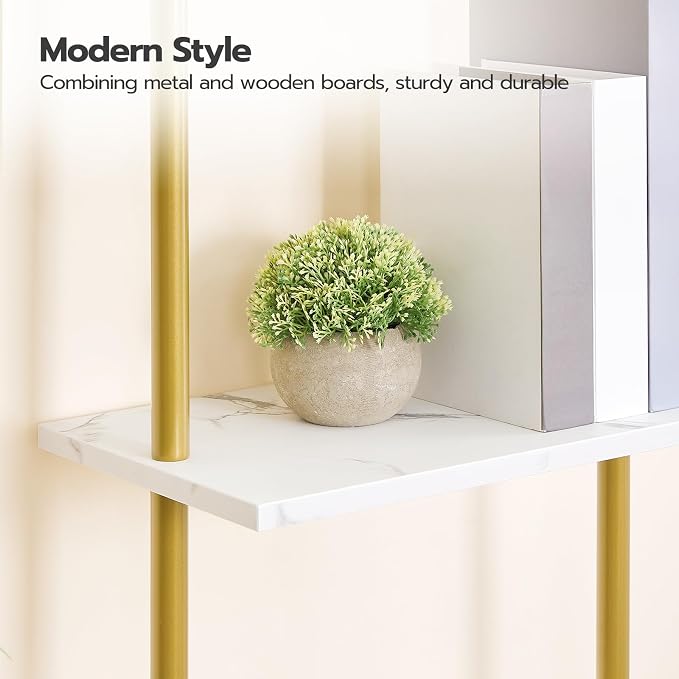 HOOBRO DIY Ladder Shelf, 6-Tier Wooden Wall Mounted Bookshelf, Narrow Gold - Image 9