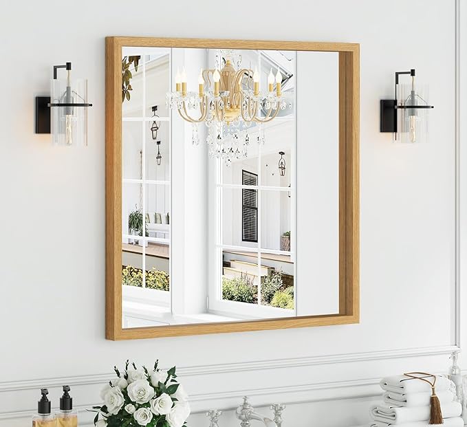 Syndra Square Natural Wood Frame Bathroom Mirror, Waterproof Slim Deep Frame by Syndra