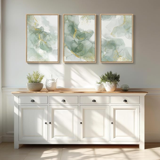 Framed Sage Green Abstract Wall Art, 3 Piece Modern Canvas Prints Paintings - Image 4