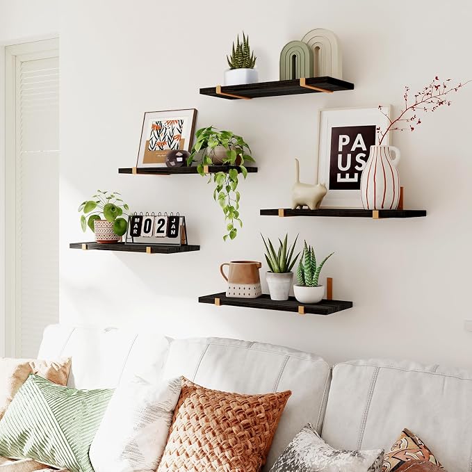 Fixwal Floating Black Gold Shelves Set of 5, Width 4.7 Inches, Rustic Wood Wall - Image 6