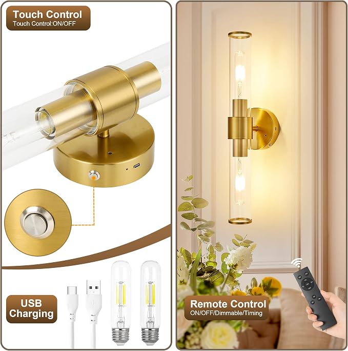 Morauroral Gold Battery Operated Wall Sconces Set of 2, Rechargeable Wall Lights - Image 7