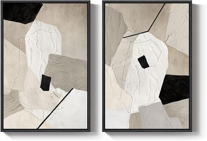 Framed Neutral Beige and Black Abstract Wall Art - Image 9