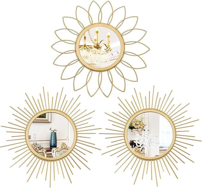 3 Pack Metal Mirrors for Wall Sunburst Wall Mirrors Home Décor Decorative by Uaussi