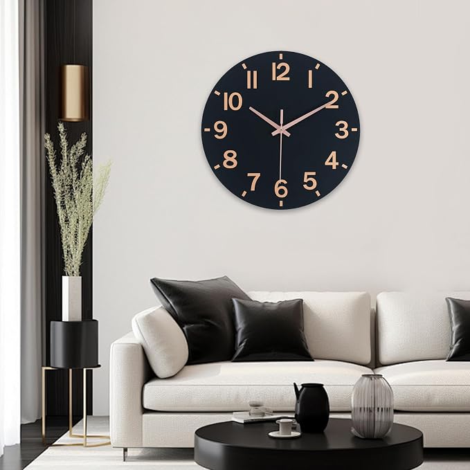 HZDHCLH Wall Clock 12 Inch Silent Non Ticking Wood Battery Operated Black - Image 8