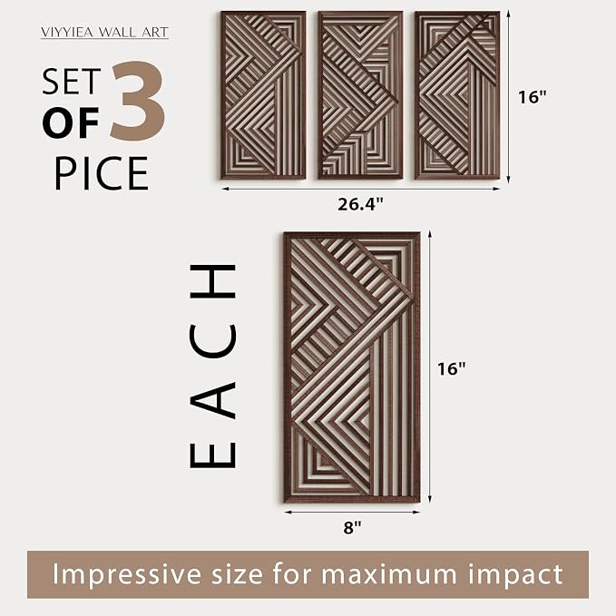 VIYYIEA Boho Solid Wood Carved Wall Art Set of 3, Geometric Minimalist Wooden - Image 2