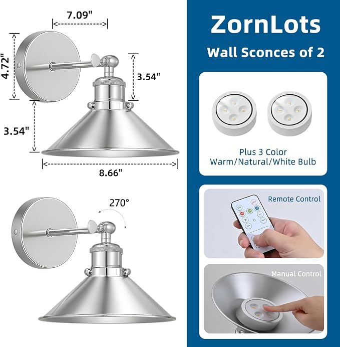 Battery Operated Wall Sconce Set of 2, Vintage Wireless Wall Sconces - Image 5