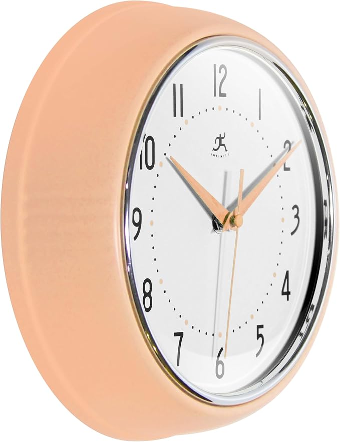 Infinity Instruments Retro 9.5 Inch Round Indoor Wall Clock, Peach Fuzz - Image 3