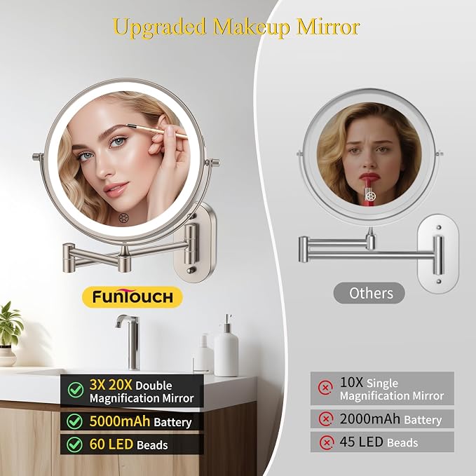 FUNTOUCH 3X/20X Wall Mounted Lighted Makeup Mirror, 5000mAh Rechargeable Double - Image 5