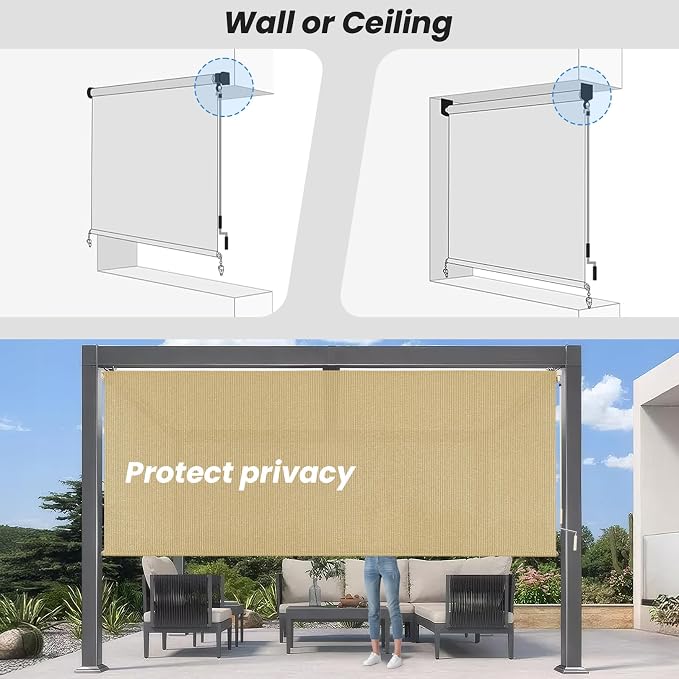 6'W x 6'H Sesame Patio Shades Roll up Outdoor Roller Shade Crank Wand Blind - Image 6