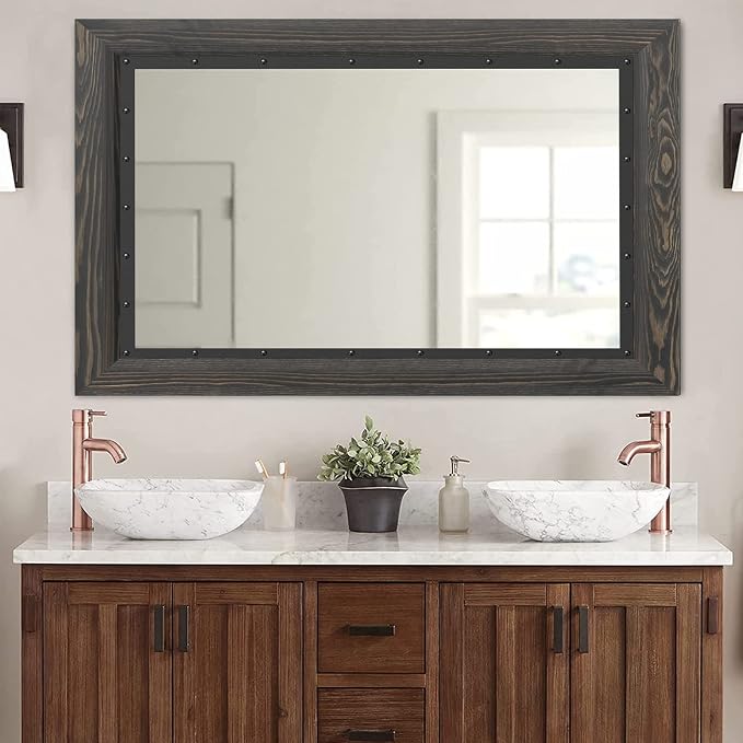 YOSHOOT Rustic Wooden Framed Wall Mirror, Natural Wood and Iron Bathroom Vanity by YOSHOOT