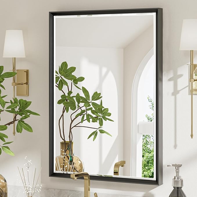 Black Framed Mirror for Bathroom, 22x30 Inch Black Rectangle Beveled Bathroom by QUEENFUN