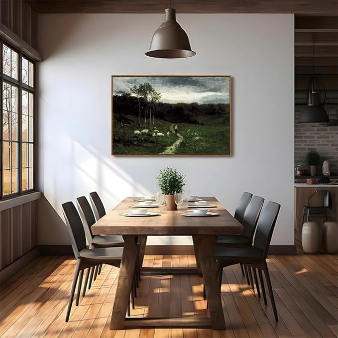 OIQArtOIQ Framed Vintage Landscape Wall Art Shepherd Natural Scenery Oil - Image 2
