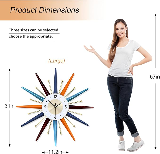 Large Wall Clock 31 Inch Modern Wall Clock Starburst Mid-Century Modern Decor - Image 3
