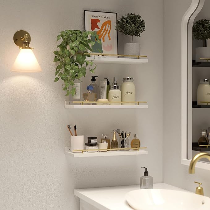 WOPITUES Floating Shelves with Gold Metal Guardrail, Shelves - Image 5