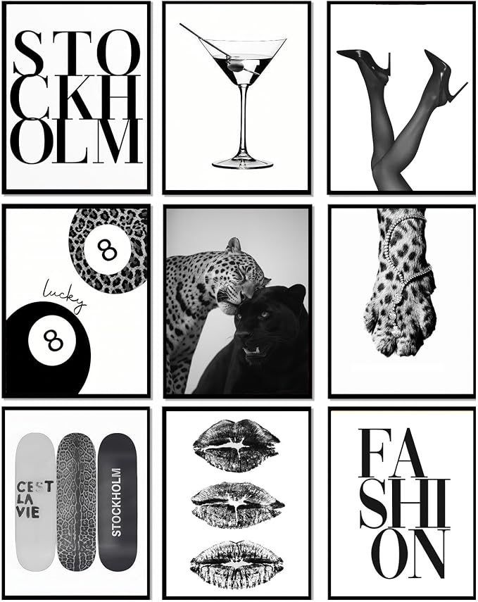LOARTVE 9Pcs Black and White Fashion Wall Art Prints Trendy Leopard Stockholm by LOARTVEART