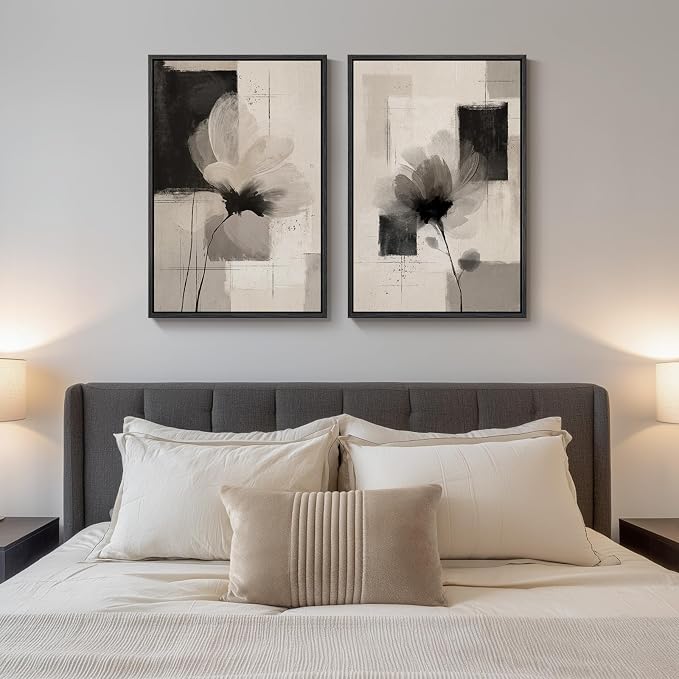 Framed Neutral Abstract Floral Wall Art, 2 Piece Black and Beige Minimalist - Image 2